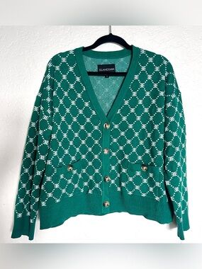 ELLANDEMM Women’s Monogram Green Geometric "EE" Logo V-Neck Cardigan - Size M